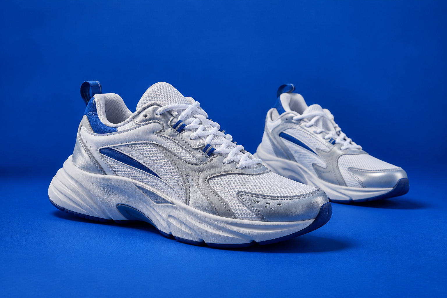 Tenis blancos sin marca con detalles azules sobre un fondo azul intenso